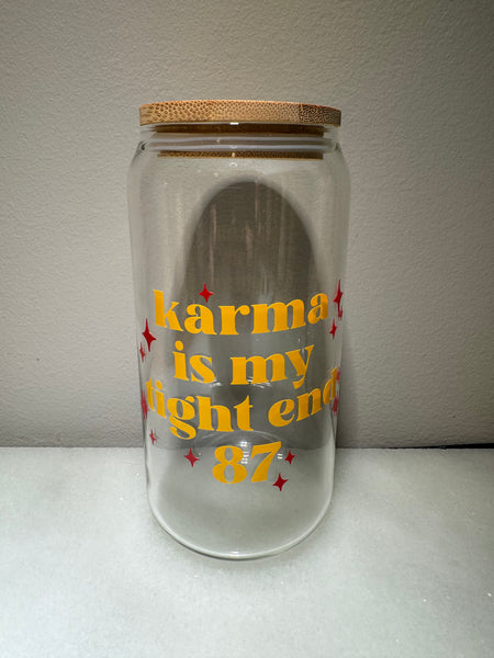 Karma Is My Tight End 87 20oz Glass Beer Can Yellow/Red