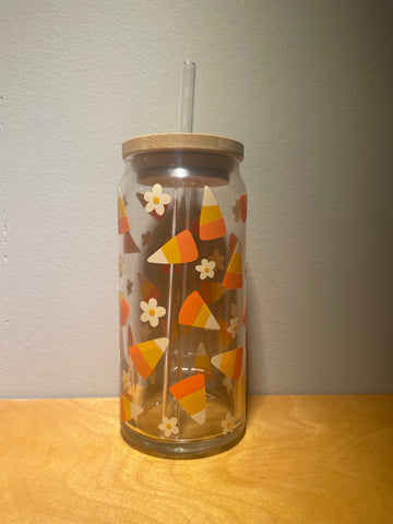 Candy Corn/Flowers 20oz Glass Beer Can